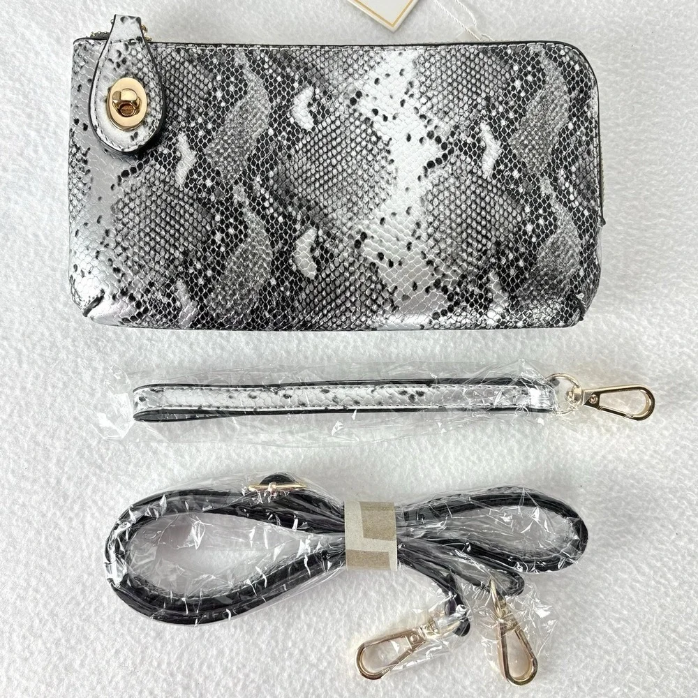Joy Susan Vegan Leather Black Silver Snake Print Wristlet Crossbody Clutch Bag